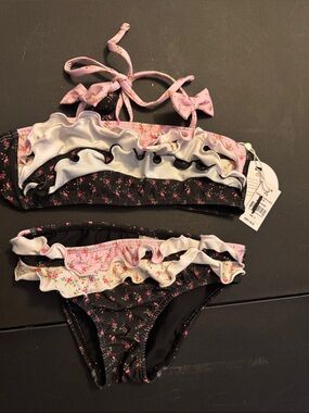 PQ Swim Pink and Black Floral Ruffled Girls Bikini
